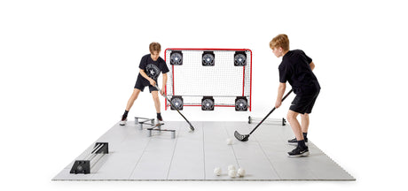 Floorball shooting targets fitted in a goal for a birthday party shooting game