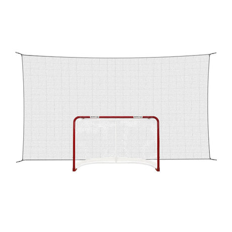 Floorball backstop net hanging behind a goal in a home shooting zone